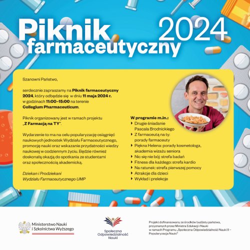 Zdjęcie przedstawia plakat z agendą Pikniku Farmaceutycznego z udziałem Pascala Brodnickiego.