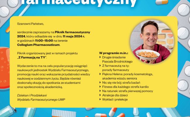 Zdjęcie przedstawia plakat z agendą Pikniku Farmaceutycznego z udziałem Pascala Brodnickiego.